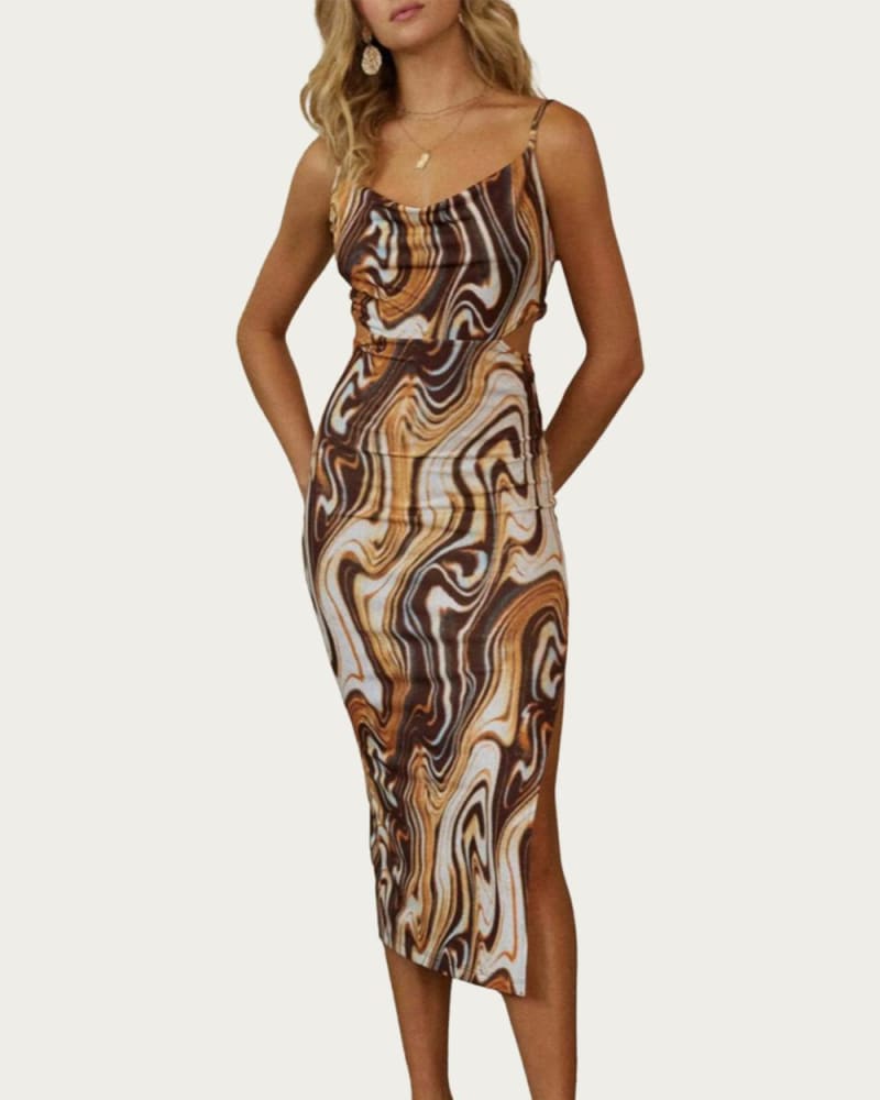 Front of a model wearing a size L Marble-Print Cowl Stretch-Jersey Cutout Midi Dress In Rust/Brown in Rust/Brown by ENDLESS BLU.. | dia_product_style_image_id:358850